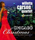 Werbeposter der Chicago Christmas Show in der renommierten Comoedie in Fürth, die 480 Sitze für Zuschauer aus der Region Nürnberg, Fürth, Erlangen anbietet; Jazzsängerin Willetta Carson werden vor der Skyline von Chicago gezeigt